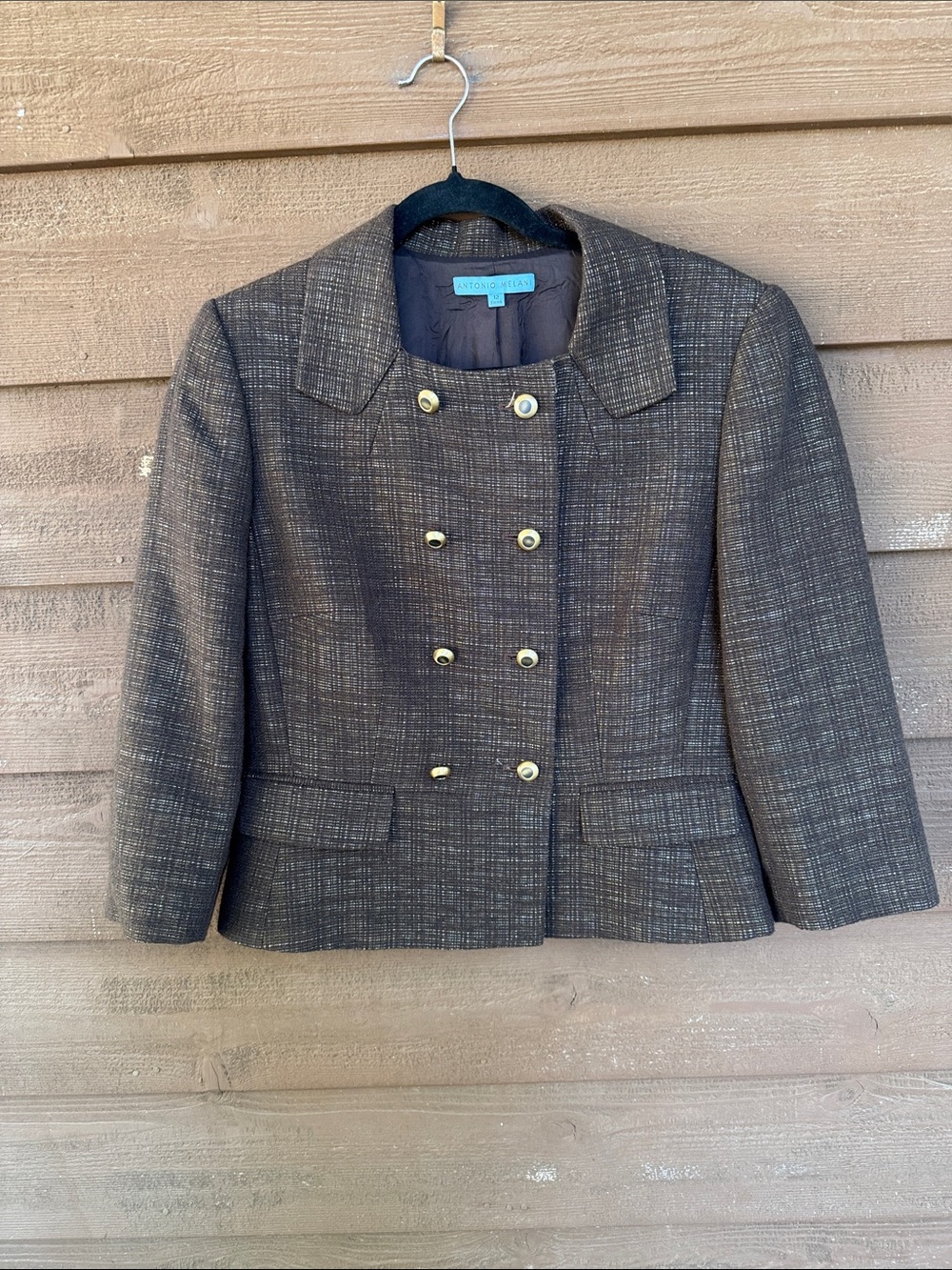 ANTONIO MELANI Brown Textured Double-Breasted Blazer with Gold Buttons size 12